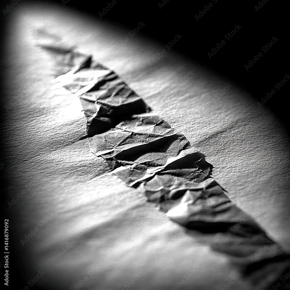 Fragmented Reality: A Black and White Macro of Crumpled Paper with Dramatic Lighting Effects