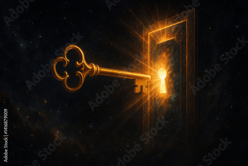 Golden key inserted into door lock, concept of opportunity and new beginnings