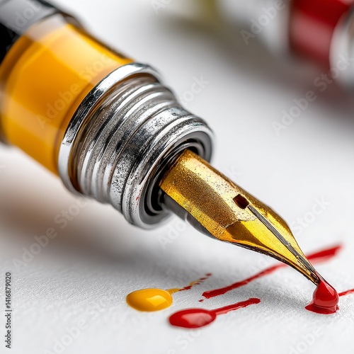 Obraz na płótnie Fountain Pen Delicately Placing Vibrant Drops of Ink on Textured Paper, Creating Abstract Art with Precise Control w salonie