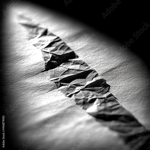 Obraz na płótnie Fragmented Reality: A Black and White Macro of Crumpled Paper with Dramatic Lighting Effects w salonie