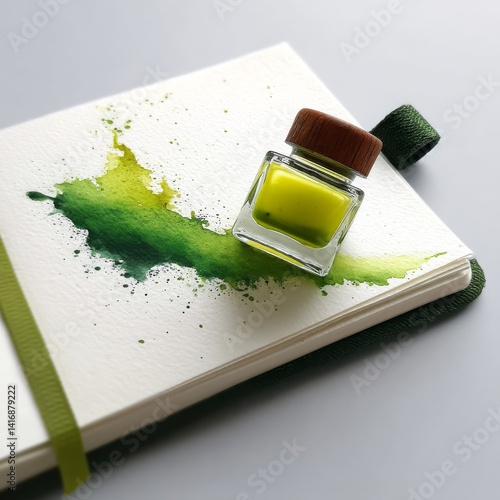 Green Ink Spill on Notebook: A Creative Accident with an Artistic Flair and a Jar of Vibrant Color