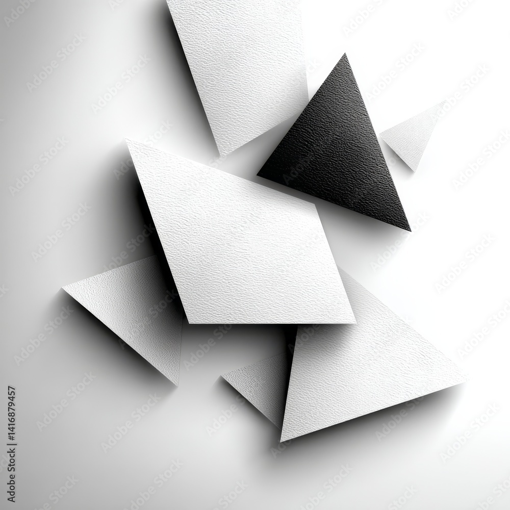 Modern Abstract Composition of Textured Geometric Shapes in White and Black with Soft Shadows