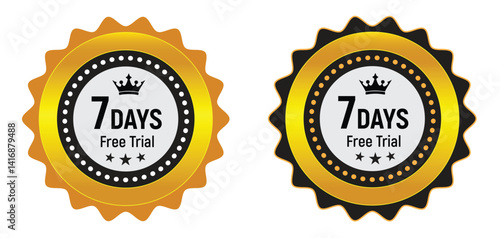 Premium 7-day free trial badge icons in gold and black for promotions, subscription banners, product labels, website offers, and digital marketing materials