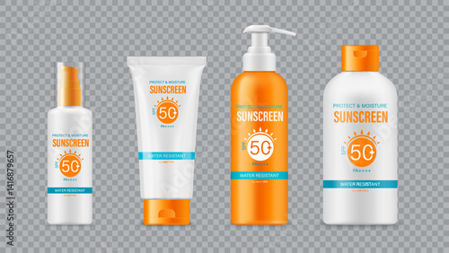 Sunscreen cosmetic products 3d vector packaging mockups. Set of realistic product bottles with spf 50 plus and water resistant cream labels. Pump, squeeze, flip top containers for skincare protection