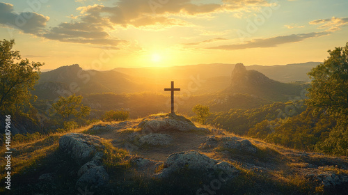 Cross Silhouette at Sunset: A solitary cross stands silhouetted atop a majestic mountain, its form juxtaposed against the dramatic backdrop of a vibrant sunset.