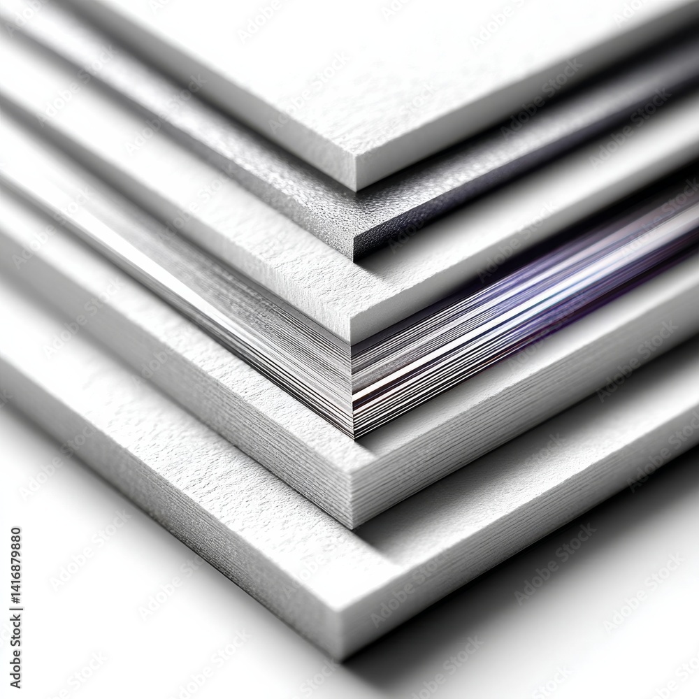 Stack of Textured White and Gray Papers or Cardboard, Abstract Minimalist Aesthetic Composition.