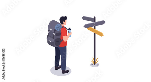 Male traveler with backpack and map standing near directional signpost flat design vector illustration