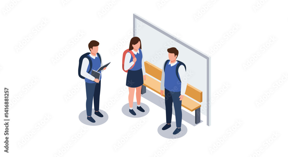 Three students standing and talking near a bench in isometric flat design with backpacks vector illustration Three students standing and talking near a bench in isometric flat design with backpacks vector illustration