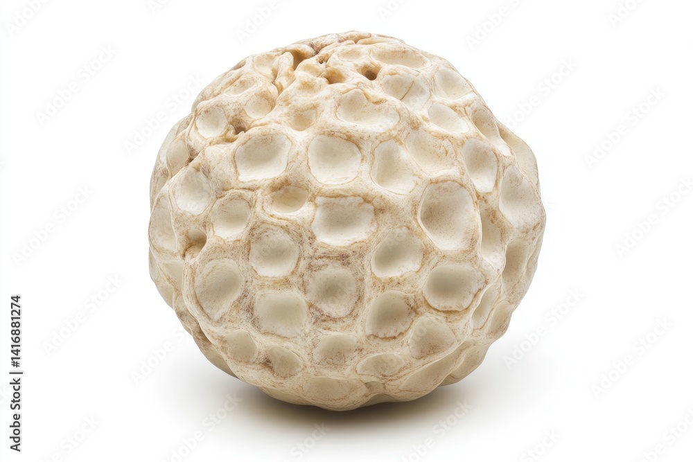 A single, round, white seed with a textured, dimpled surface A single, round, white seed with a textured, dimpled surface