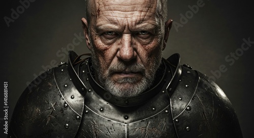 Severe man with armor and battle scars looks intensely. Historical portrait of medieval knight, brave warrior ready for battle, for book cover, fantasy illustration. photo
