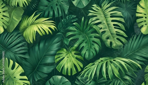 Wallpaper Mural A dense arrangement of vibrant green tropical leaves creates a seamless pattern. Torontodigital.ca