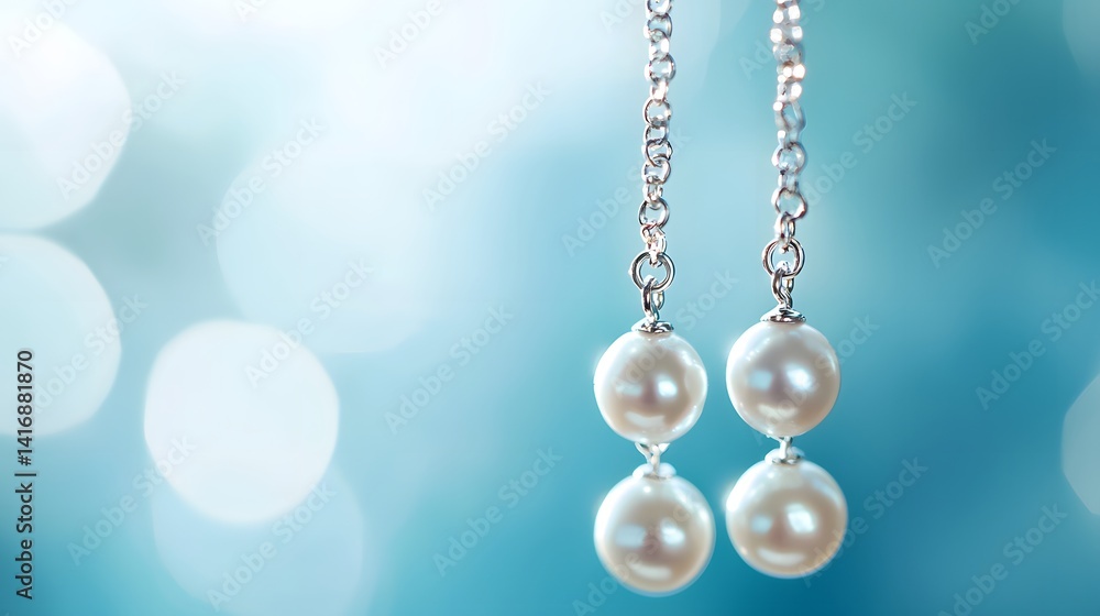 Elegant Pearl Earrings with Silver Chain on Soft Blue Background Elegant Pearl Earrings with Silver Chain on Soft Blue Background