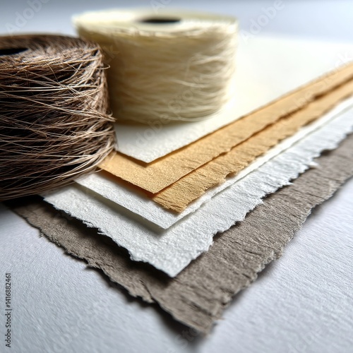 Obraz na płótnie Textured Paper Stack with Natural Twine and Cord Reels, Craft Supplies, Earth Tones, Close-Up w salonie