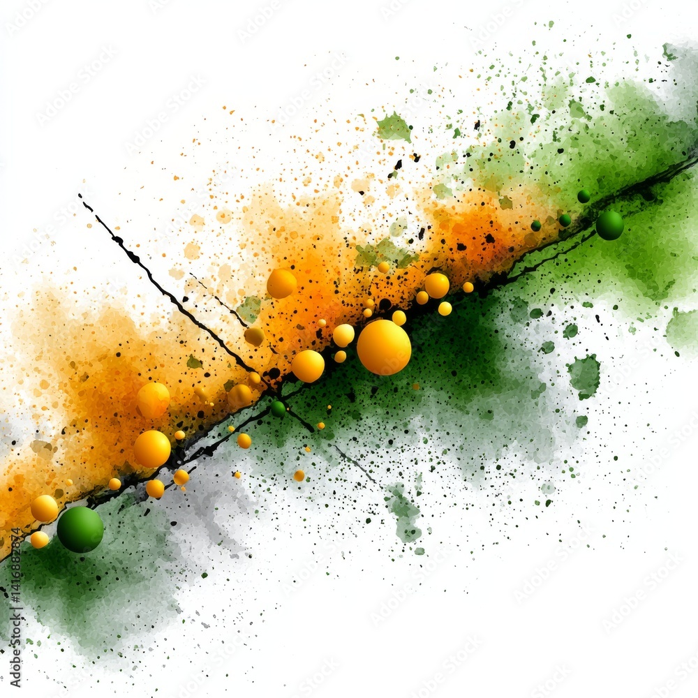 Vibrant Watercolor Splash with Spheres: An Abstract Fusion of Orange, Green, and Ink on a White Background