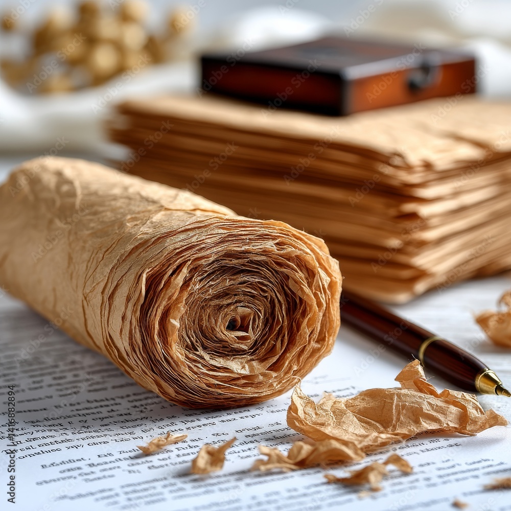 Vintage Writing Still Life: Scroll, Documents, and Fountain Pen on a White Surface