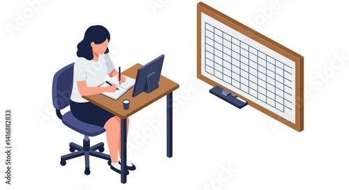 Woman working at desk with computer and calendar board in minimal flat design vector illustration