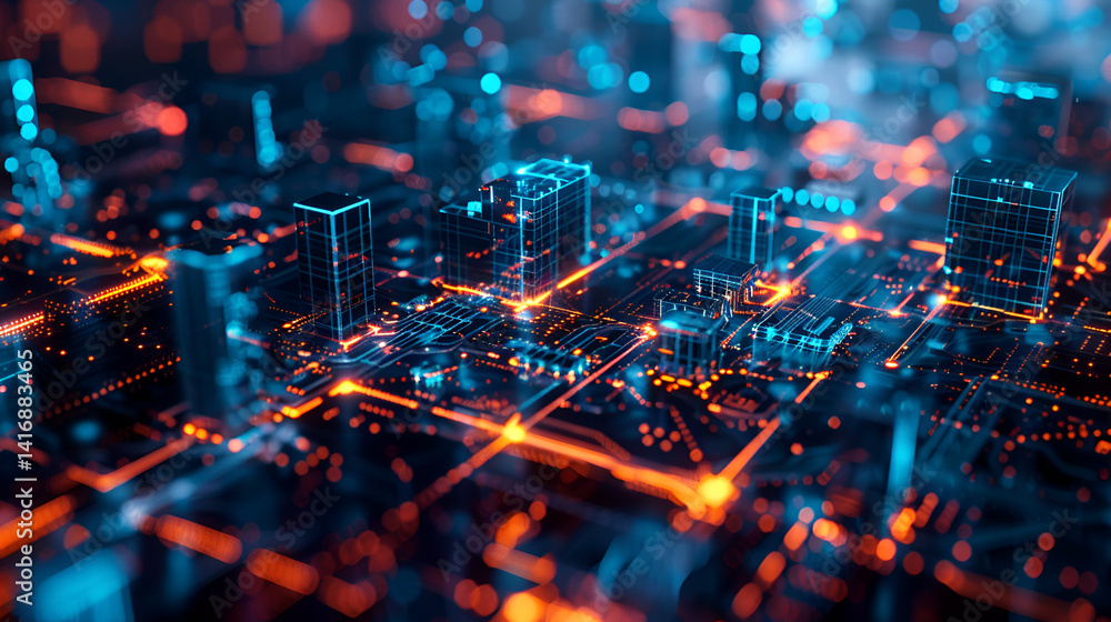 Abstract digital city with glowing lines and geometric shapes in blue and orange color scheme Abstract digital city with glowing lines and geometric shapes in blue and orange color scheme