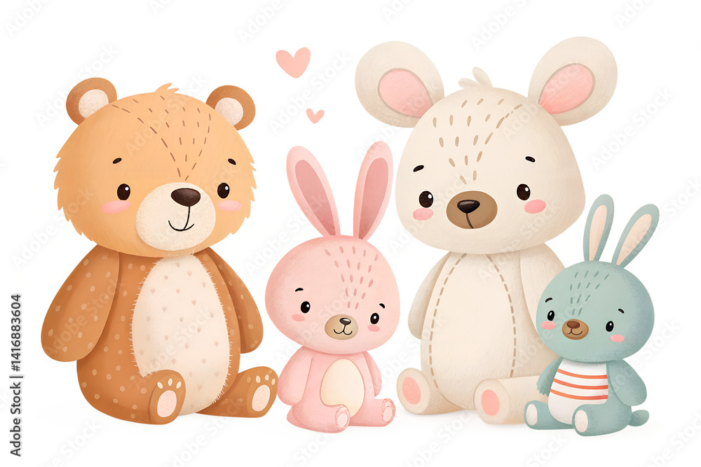 A collection of soft plush toys including teddy bears, rabbits, and cute animals, isolated on transparent background. Perfect for children's product designs, educational visuals, or nursery decoration A collection of soft plush toys including teddy bears, rabbits, and cute animals, isolated on transparent background. Perfect for children's product designs, educational visuals, or nursery decoration