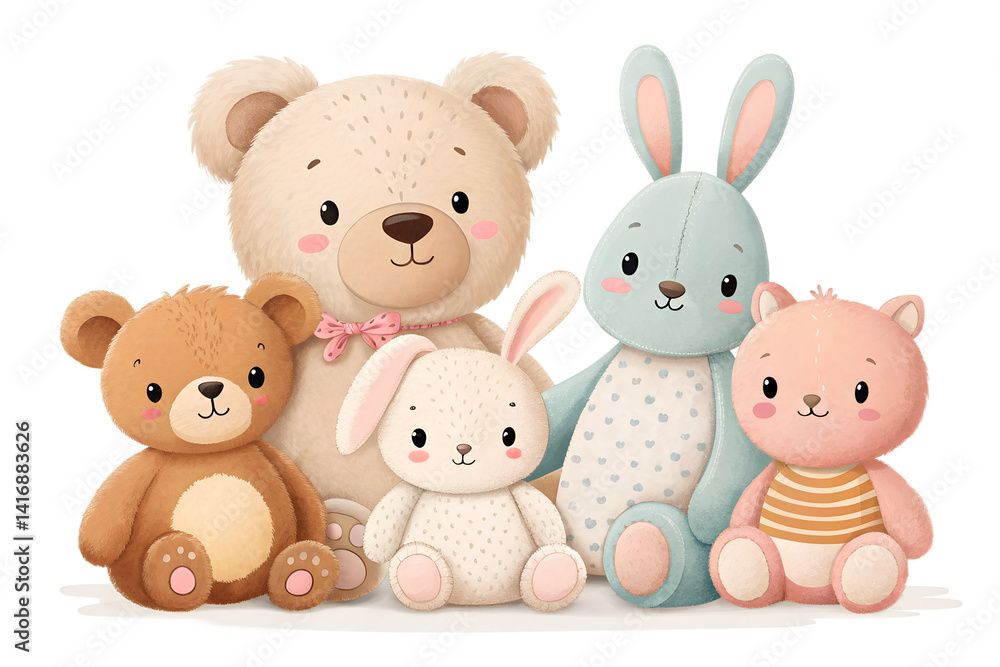 A collection of soft plush toys including teddy bears, rabbits, and cute animals, isolated on transparent background. Perfect for children's product designs, educational visuals, or nursery decoration A collection of soft plush toys including teddy bears, rabbits, and cute animals, isolated on transparent background. Perfect for children's product designs, educational visuals, or nursery decoration
