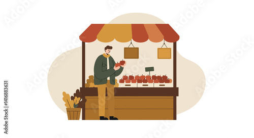 Man examining apples at outdoor market stall with striped canopy in flat style vector illustration