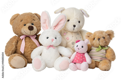 A collection of soft plush toys including teddy bears, rabbits, and cute animals, isolated on transparent background. Perfect for children's product designs, educational visuals, or nursery decoration