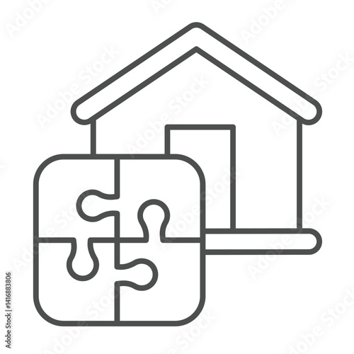 Home house and puzzle thin line icon, remote work concept. Vector graphics. Cottage building with puzzle piece, logic game sign on white background, linear style icon for mobile or web design.