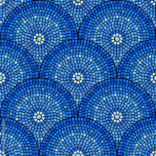 Blue abstract mosaic seamless pattern. Fragments of a circle laid out from tiles trencadis. Vector tile background.