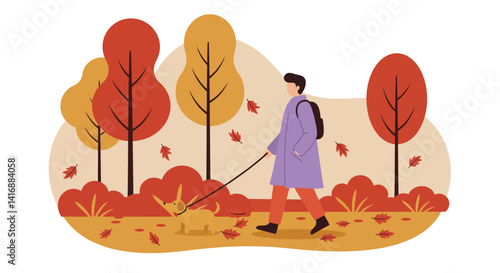 Person walking dog on autumn trail with colorful trees and falling leaves flat minimal vector illustration