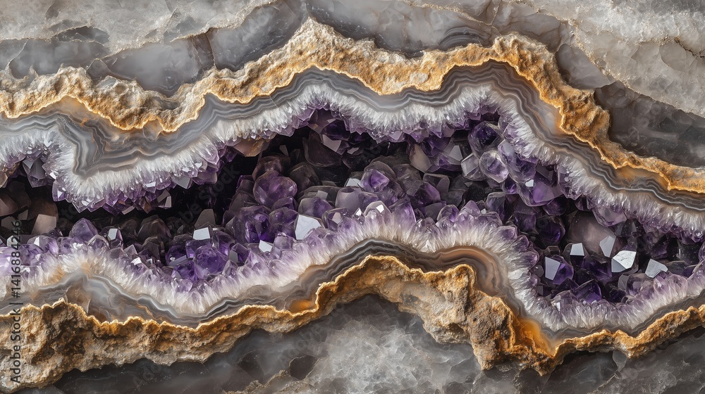 Geode texture with shimmering amethyst crystals. The vibrant purple crystals sparkle against the rough, rocky outer shell in hues of gray and brown. Geode texture with shimmering amethyst crystals. The vibrant purple crystals sparkle against the rough, rocky outer shell in hues of gray and brown.