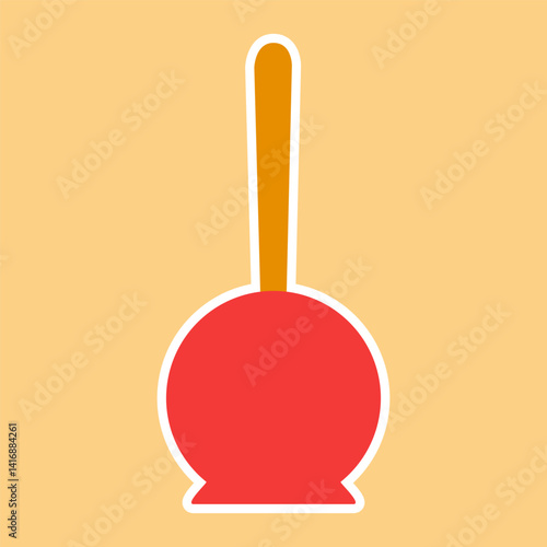 Red caramelized apple, icon or sticker isolated on yellow background, vector illustration for your design.