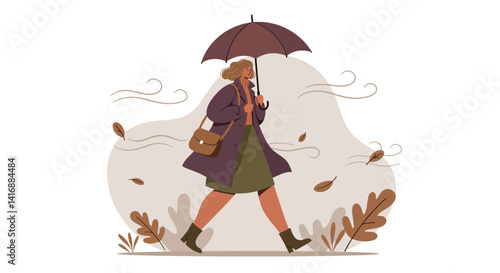 Woman walking with umbrella in windy autumn weather flat minimal vector illustration