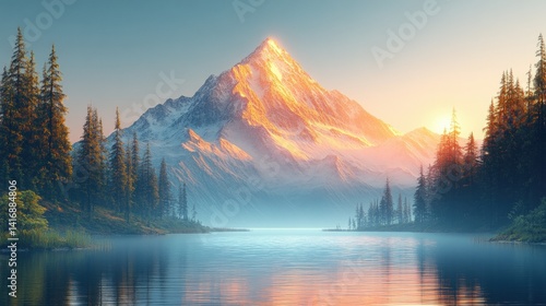 A serene mountain lake at sunrise with snow-capped peaks and evergreen trees