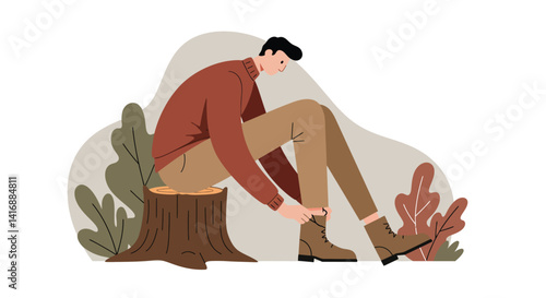 Young man tying shoelaces sitting on tree stump with flat minimal style foliage vector illustration
