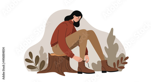 Woman sitting outdoors tying boot laces on tree stump in flat minimalist nature vector illustration