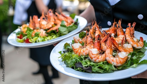 Person in uniform holding two plates of food, serving guests with fresh salad and shrimp at an event or restaurant, showcasing professional staff service during dining experience.