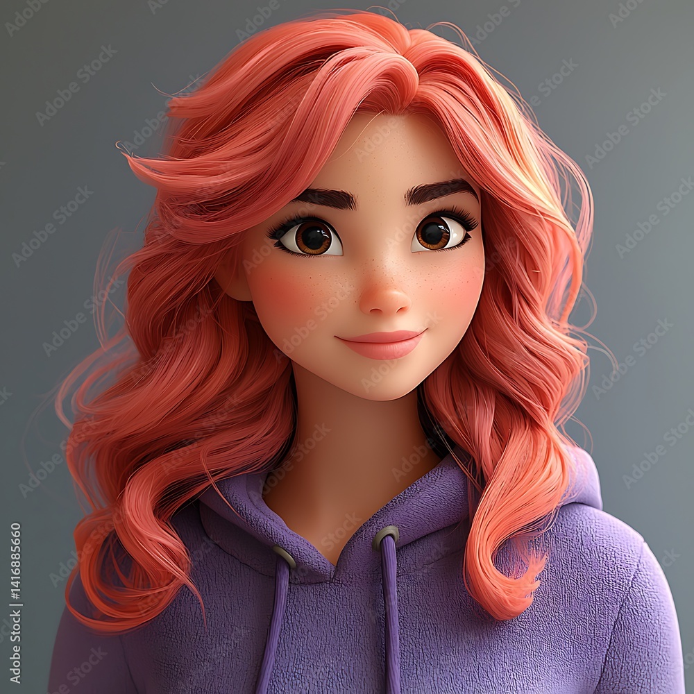 Digital illustration of a charming cartoon girl with vibrant pink hair. Digital illustration of a charming cartoon girl with vibrant pink hair.