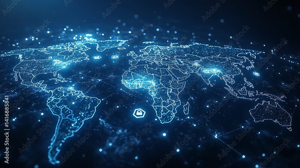 Digital World Map with Glowing Connectivity, Digital world map with glowing blue lines and hexagonal patterns on a dark background Digital World Map with Glowing Connectivity, Digital world map with glowing blue lines and hexagonal patterns on a dark background