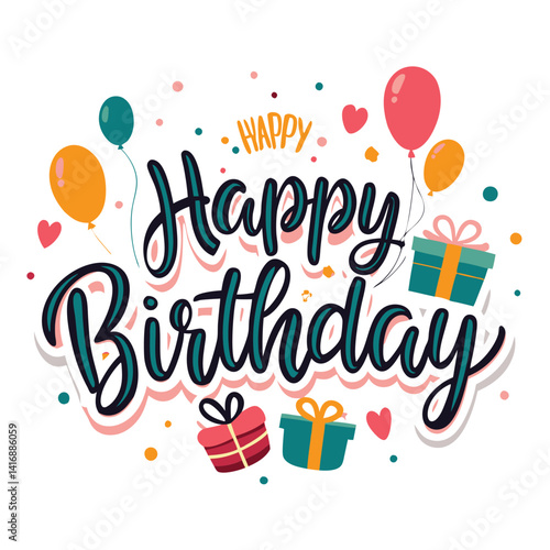 Happy Birthday greeting card with balloons and gifts