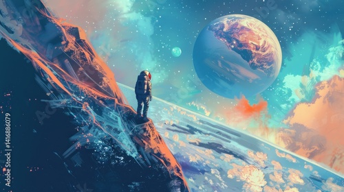 Contemplative astronaut surveying the cosmos from a distant alien world