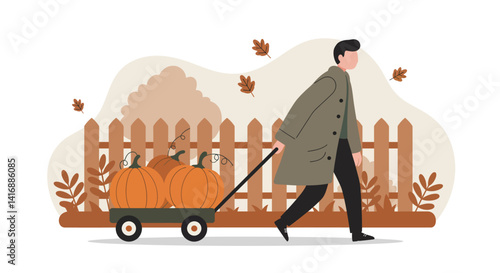 Man pulling a cart with pumpkins in autumn setting minimalist flat design vector illustration