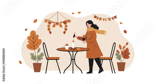 Woman serving wine at autumn decorated table in warm tones flat minimal vector illustration