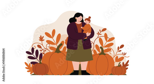 Woman holding baby surrounded by large pumpkins and autumn foliage in flat seasonal vector illustration