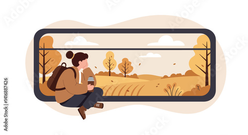 Young man with backpack sitting by large window viewing autumn landscape in flat minimal vector illustration