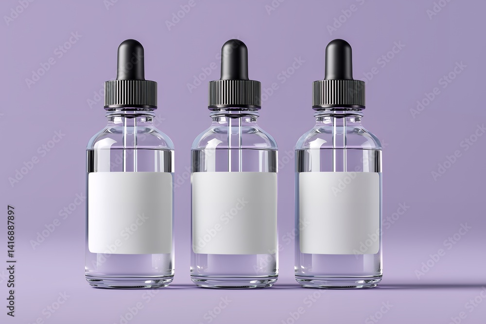 Three clear glass bottles with black droppers and blank white labels on a purple background, concept for cosmetic product packaging, medicine, essential oils, or branding design Three clear glass bottles with black droppers and blank white labels on a purple background, concept for cosmetic product packaging, medicine, essential oils, or branding design