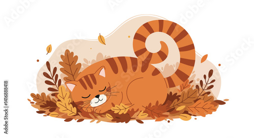 Sleeping orange tabby cat curled up on autumn leaves with cozy detailed flat design vector illustration