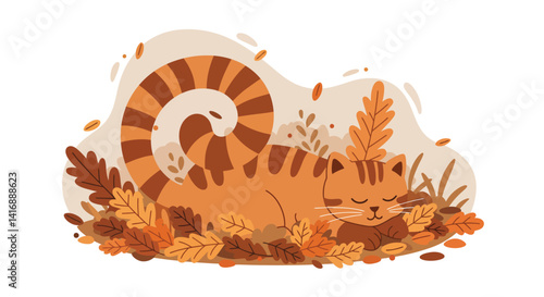 Sleeping orange striped cat curled in autumn leaves with cozy flat design vector illustration