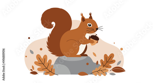 Brown squirrel holding an acorn sitting on a rock with autumn leaves flat design vector illustration