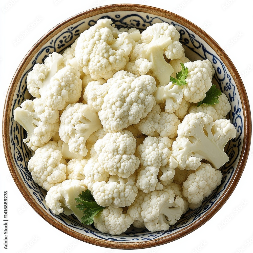 Bowl of fresh cauliflower florets: A healthy and versatile vegetable, great for cooking or snacking. Nutritious, delicious, and visually appealing. Bowl of fresh cauliflower florets: A healthy and versatile vegetable, great for cooking or snacking. Nutritious, delicious, and visually appealing.