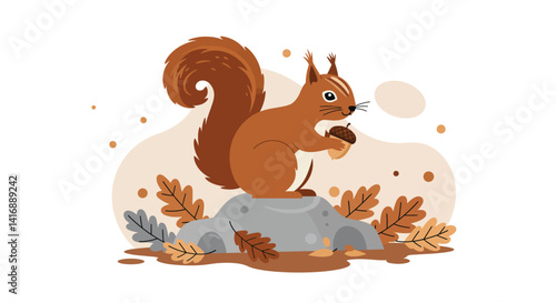 Red squirrel with bushy tail sitting on gray rock surrounded by autumn leaves flat vector illustration
