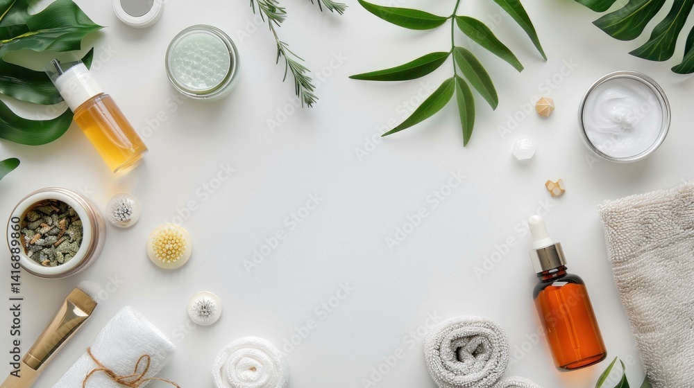 Minimalistic spa setting composition with green leaves and cosmetic products Minimalistic spa setting composition with green leaves and cosmetic products